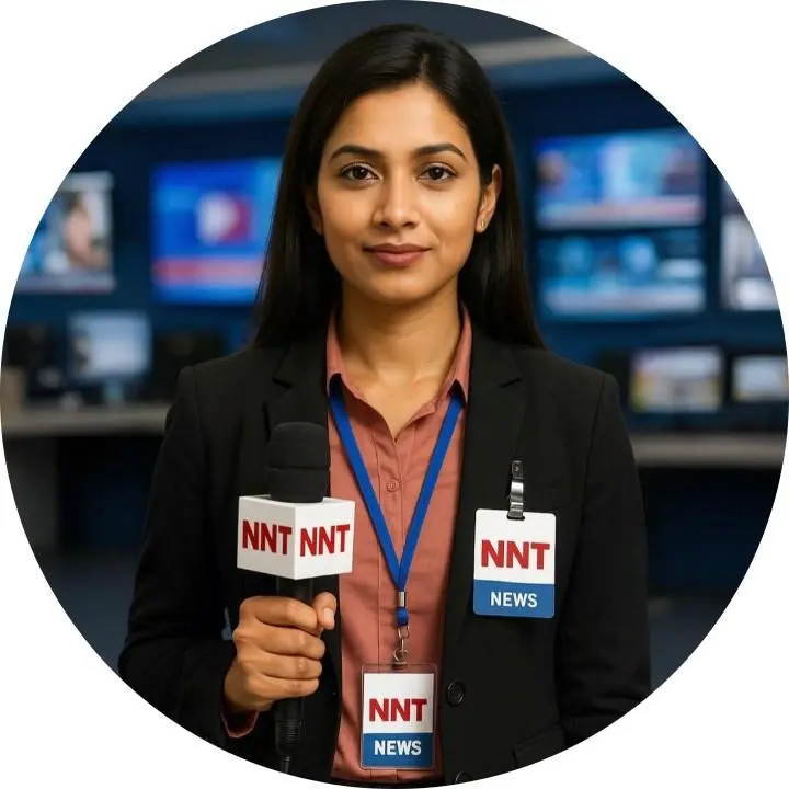 NNT News Reporter in Studio Holding Branded Microphone Nayi News Today female journalist with NNT mic and ID in newsroom background