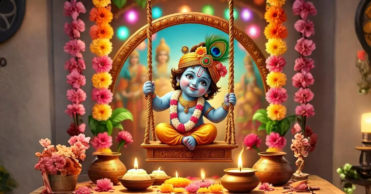 Janmashtami 2025 puja vidhi with baby Krishna idol in decorated swing, flowers, lights, and traditional puja samagri.