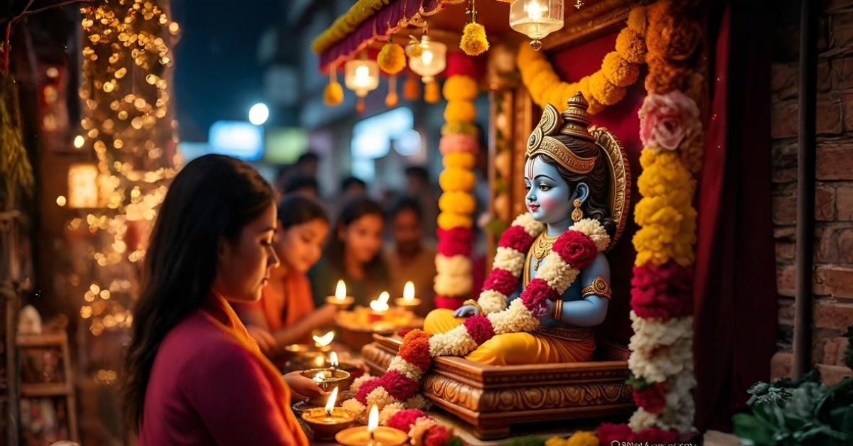 Krishna Janmashtami 2025 ki puja, bal krishna ki palna sajavat, mandir me deep aur phool