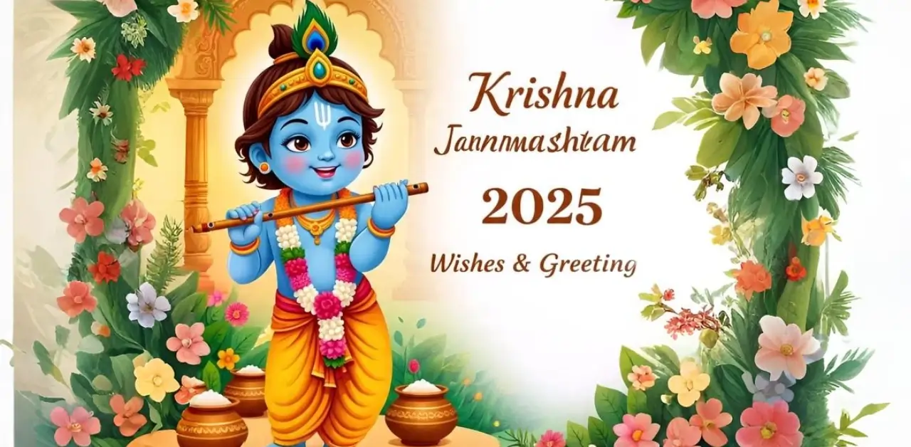 Krishna Janmashtami 2025 wishes with Lord Krishna flute, peacock feather, and festive decoration