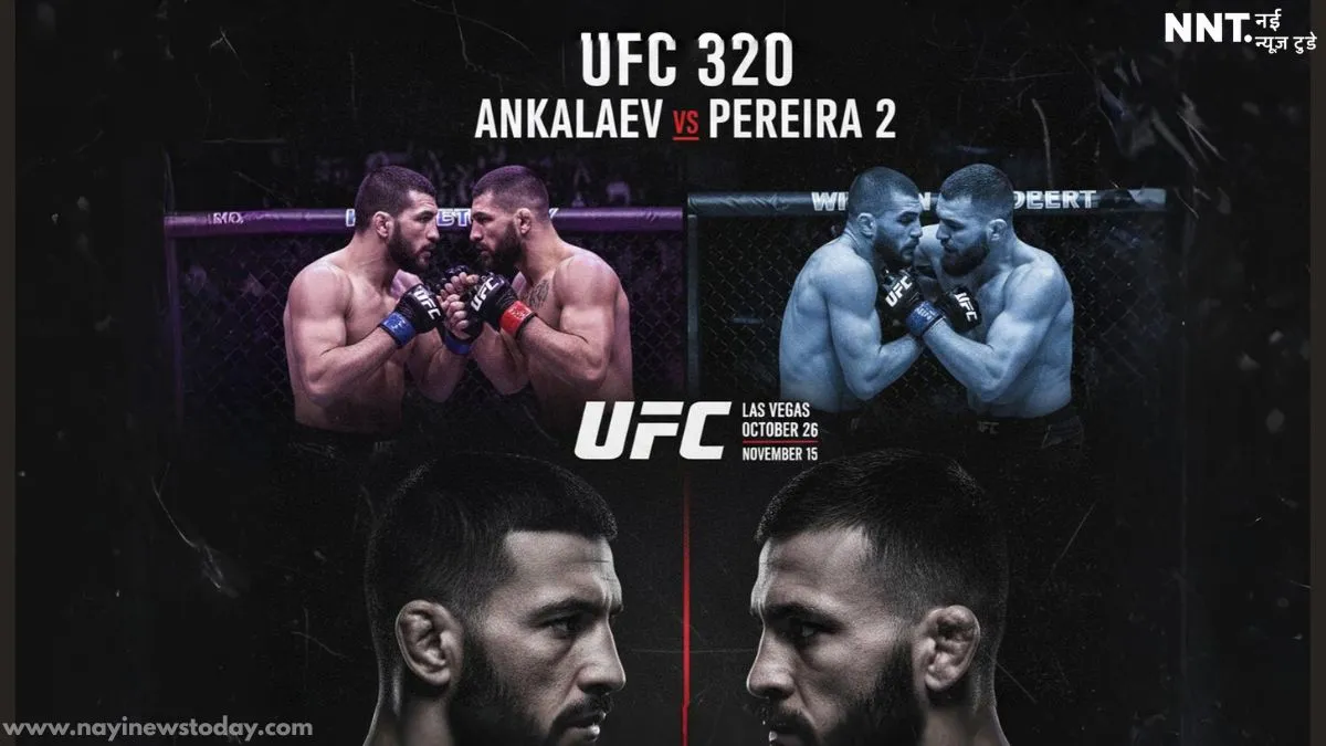 UFC 320 main event faceoff, T-Mobile Arena fight night crowd, UFC 322 Makhachev vs Della Maddalena poster