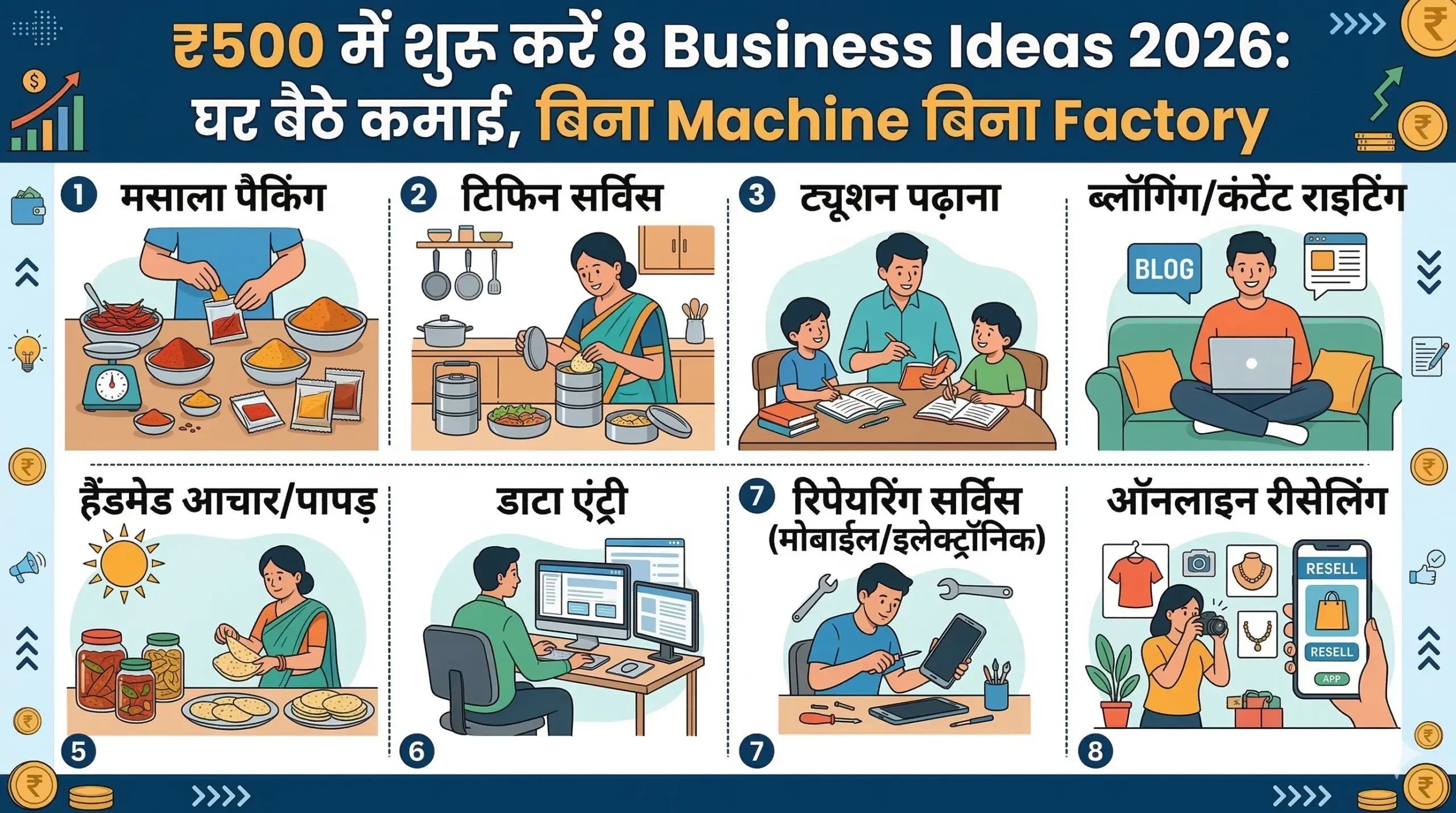 सिर्फ ₹500 में 8 Business Ideas जो घर से शुरू होते हैं। Paper Bag, Agarbatti, Mobile Cover, Masala, Soap और Mukhwas Business की पूरी जानकारी हिंदी में। आज से शुरू करें।